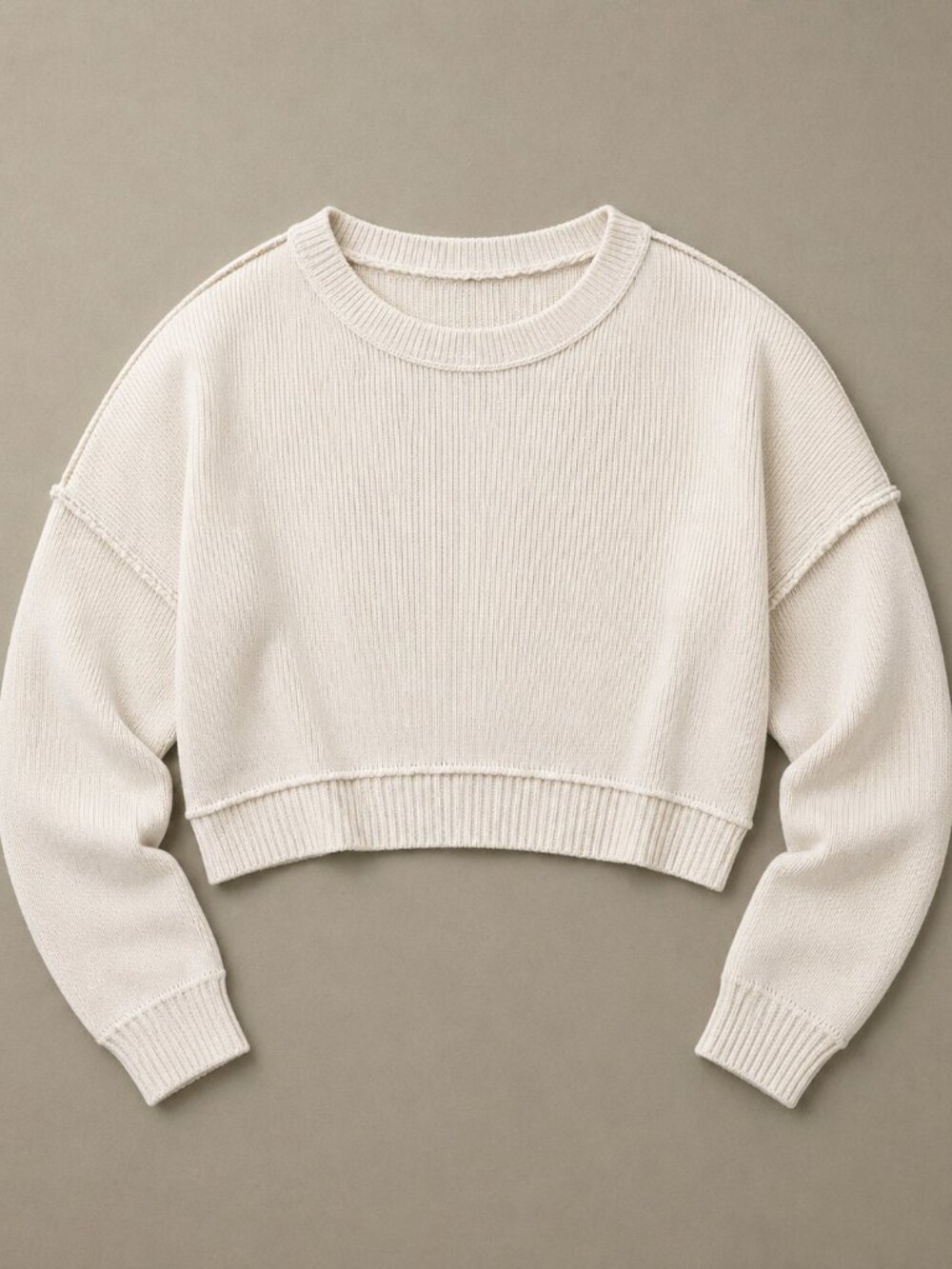 Cropped Exposed Seam Ivory Knit Sweater  - Women's XL - Pink Rose